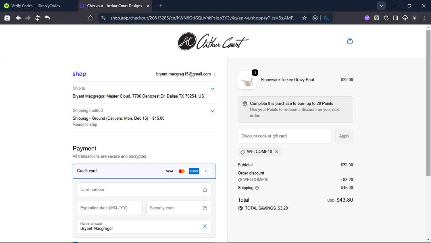 Arthur Court Designs promo code screenshot showing code WELCOME10 applied at Arthur Court Designs checkout page. Uploaded by SimplyCodes community member BrilliantTitan6909 on Dec 10, 2025