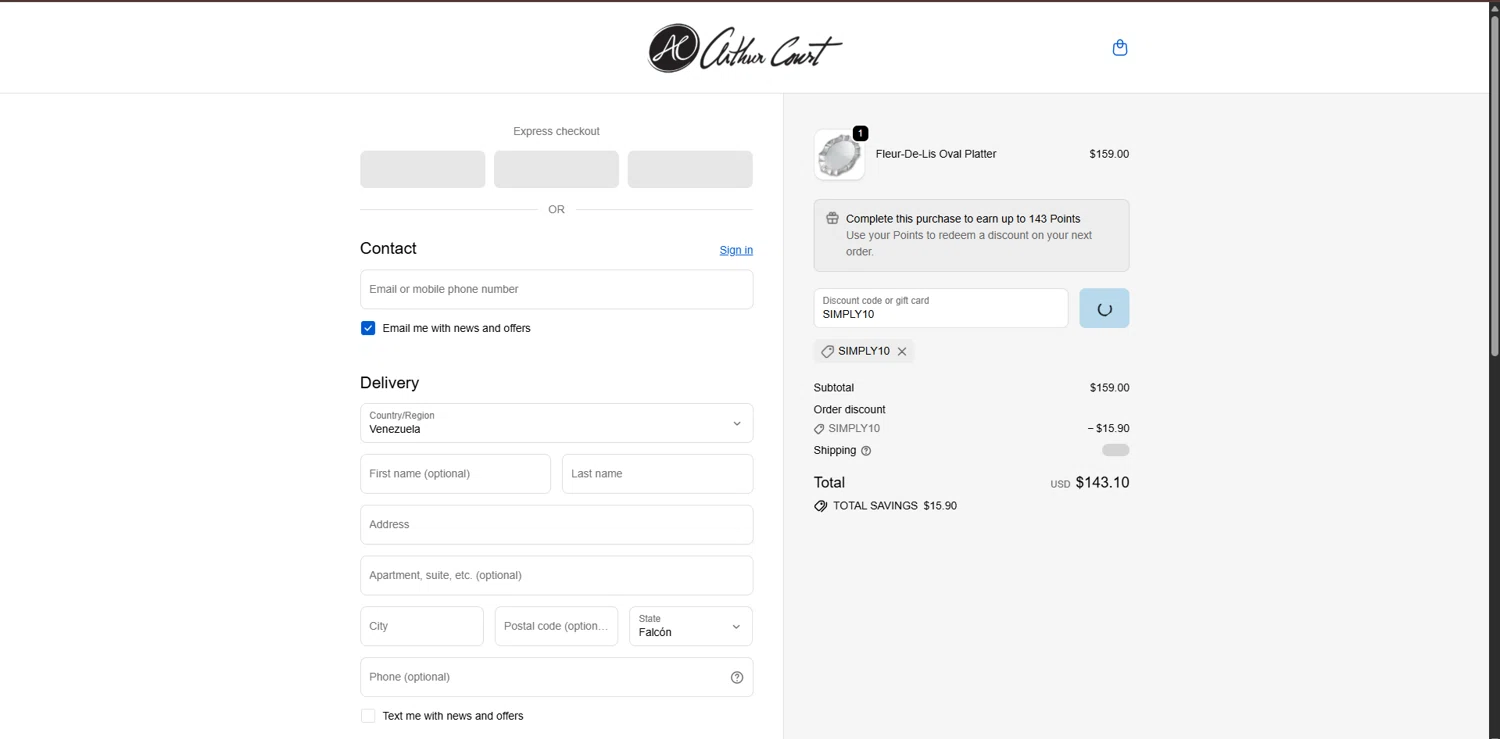 Arthur Court Designs promo code screenshot showing code SIMPLY10 applied at Arthur Court Designs checkout page. Uploaded by SimplyCodes community member LegendaryCurator4133 on Nov 2, 2025