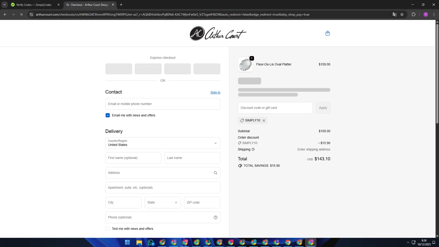 Arthur Court Designs promo code screenshot showing code SIMPLY10 applied at Arthur Court Designs checkout page. Uploaded by SimplyCodes community member ShrewdSleuth9497 on Dec 10, 2025