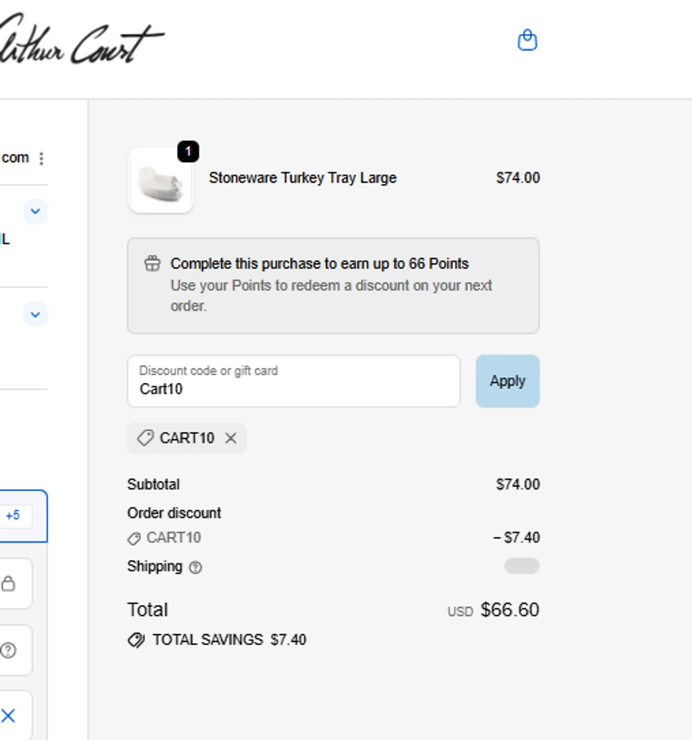 Arthur Court Designs promo code screenshot showing code Cart10 applied at Arthur Court Designs checkout page. Uploaded by SimplyCodes community member BrilliantRanger2465 on Oct 14, 2025