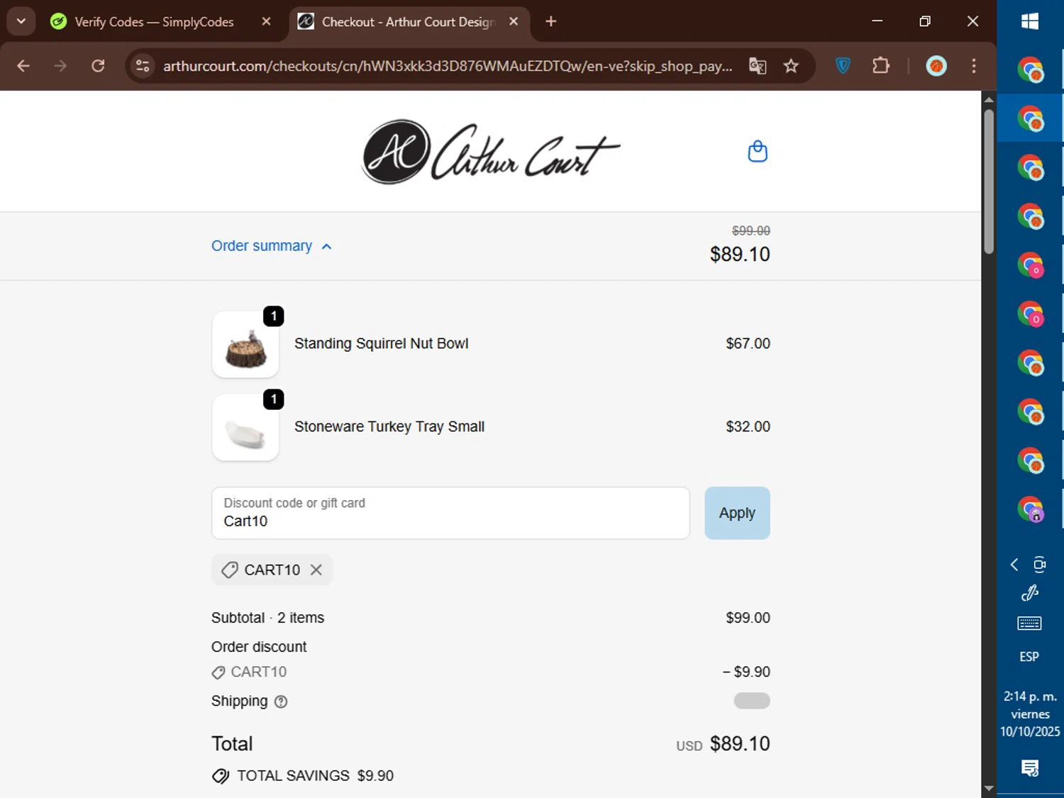 Arthur Court Designs promo code screenshot showing code Cart10 applied at Arthur Court Designs checkout page. Uploaded by SimplyCodes community member DealElite4728 on Oct 10, 2025