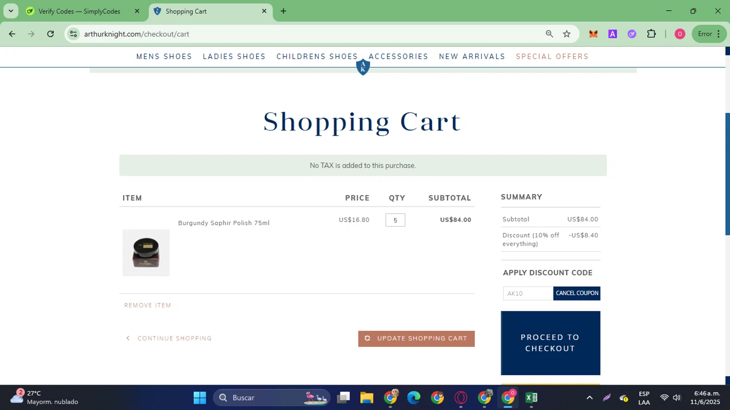 Arthur Knight discount code screenshot showing code AK10 applied at Arthur Knight checkout page. Uploaded by SimplyCodes community member SilverVirtuoso7221 on Jun 11, 2025