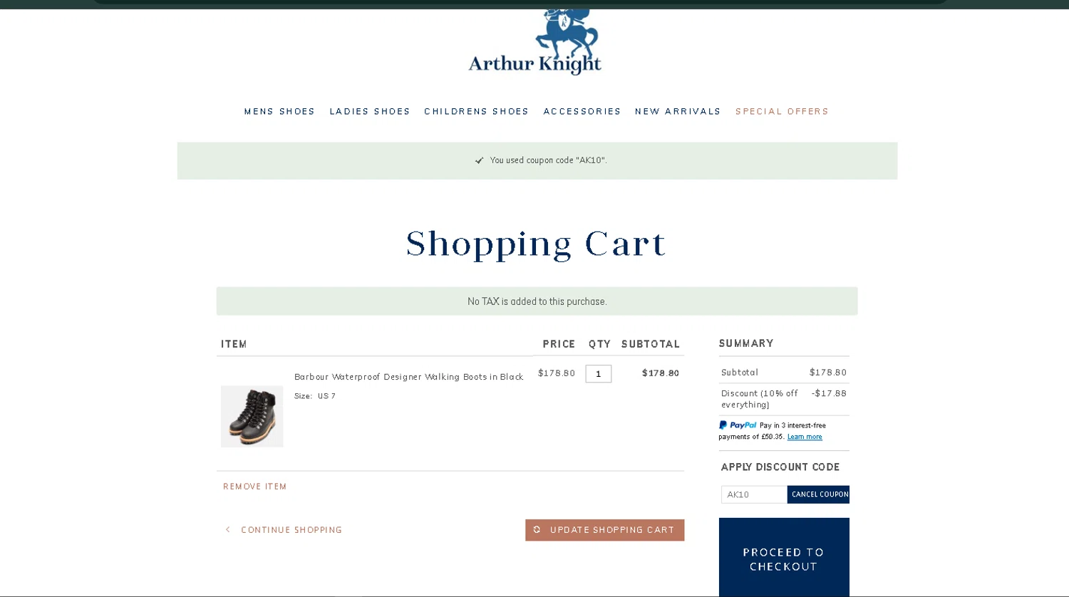Arthur Knight checkout page showing Arthur Knight discount code box | Screenshot taken by SimplyCodes community member on Dec 1, 2024