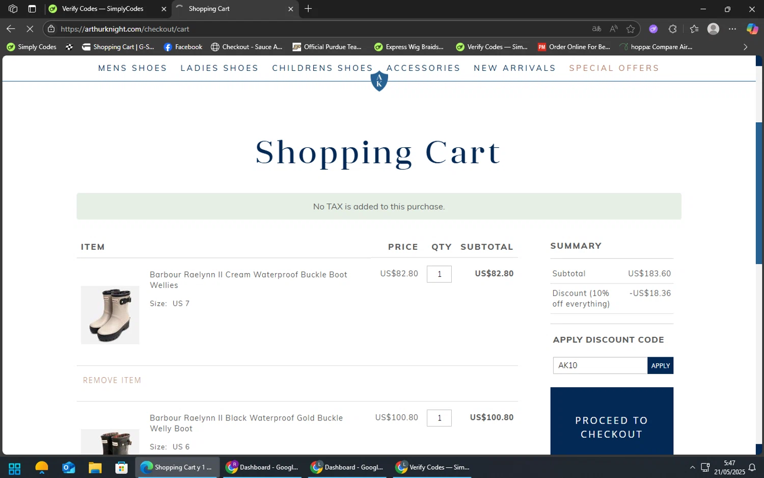 Arthur Knight discount code screenshot showing code AK10 applied at Arthur Knight checkout page. Uploaded by SimplyCodes community member nahhhh on May 21, 2025