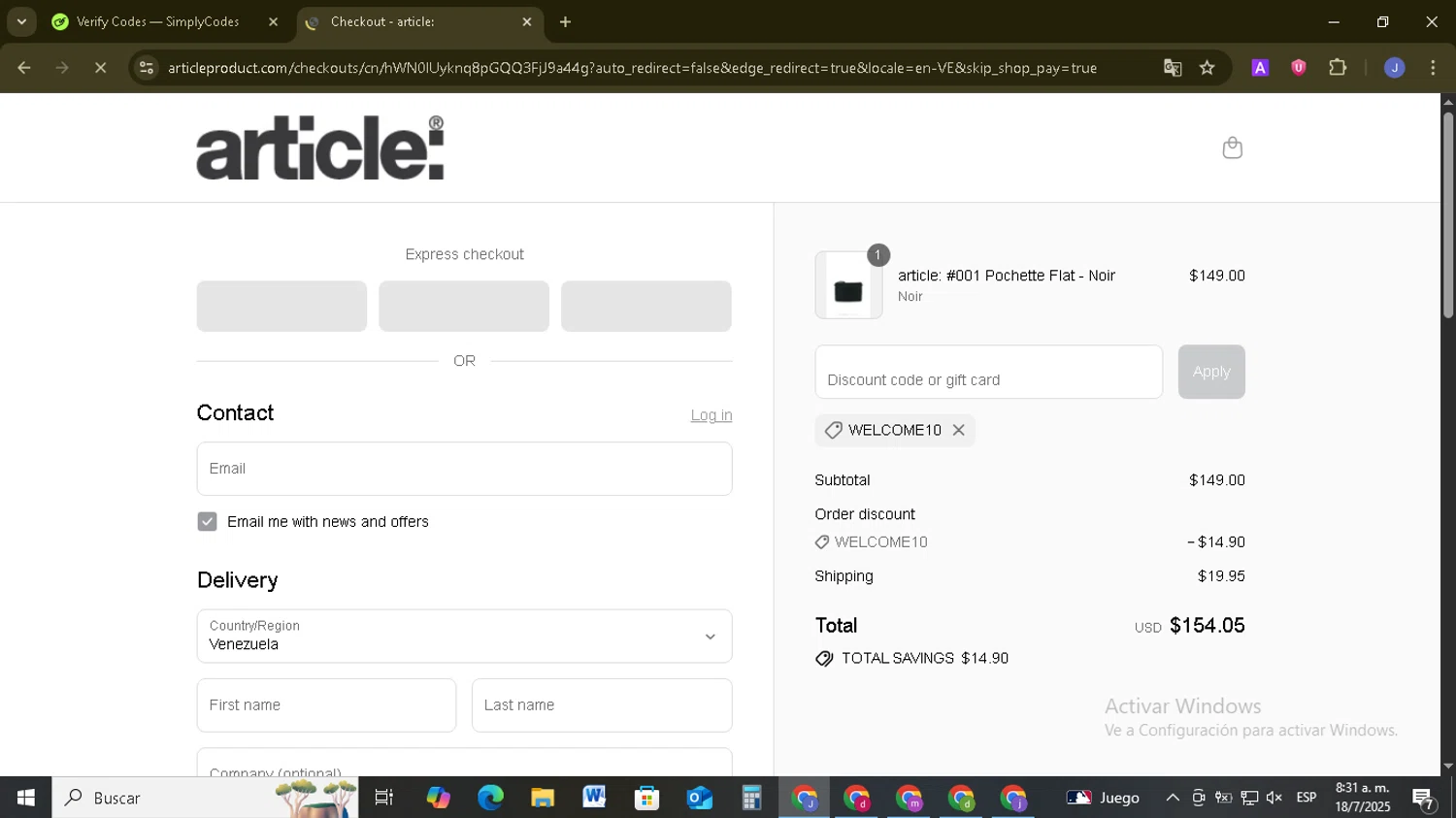 article: discount code screenshot showing code WELCOME10 applied at article: checkout page. Uploaded by SimplyCodes community member EpicSage3474 on Jul 18, 2025