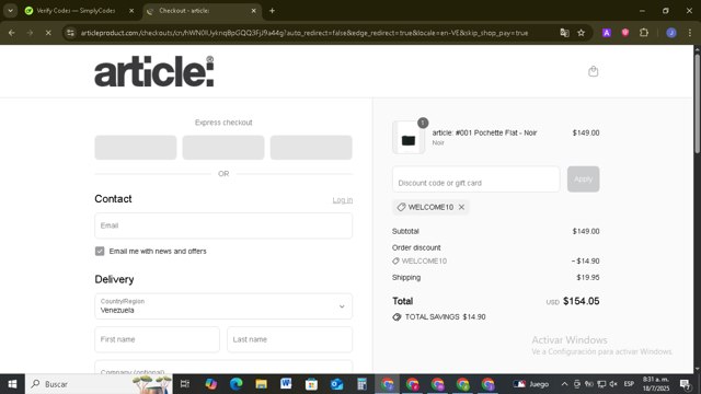 article: checkout page showing article: discount code box | Screenshot taken by SimplyCodes community member on Jul 18, 2025