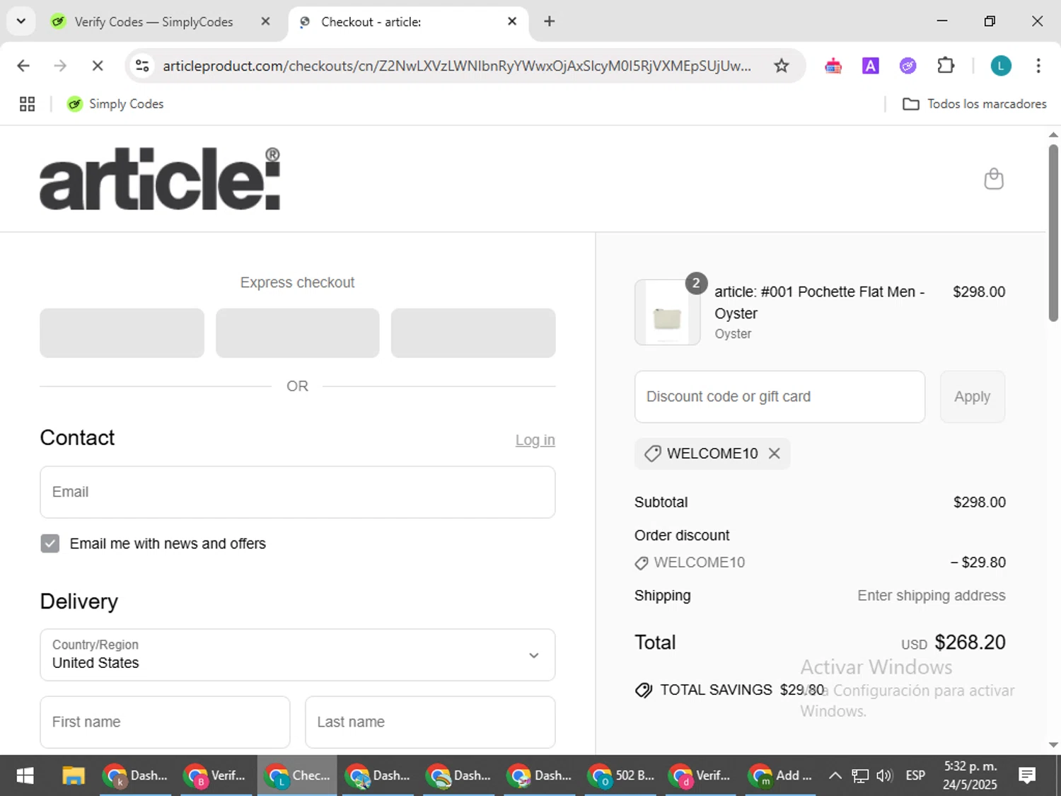 article: discount code screenshot showing code WELCOME10 applied at article: checkout page. Uploaded by SimplyCodes community member LuckyLegend792 on May 24, 2025