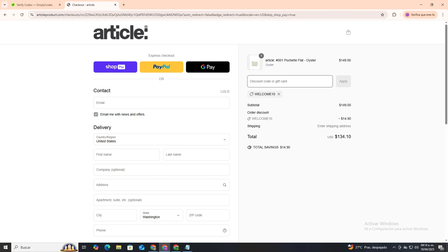 article: discount code screenshot showing code WELCOME10 applied at article: checkout page. Uploaded by SimplyCodes community member ShrewdSleuth9497 on Apr 18, 2025
