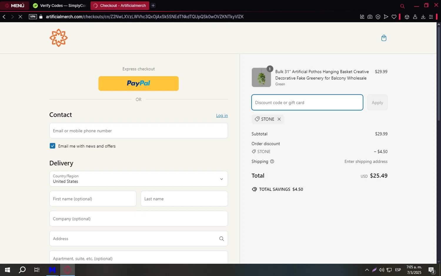 Artificial Merch discount code screenshot showing code STONE applied at Artificial Merch checkout page. Uploaded by SimplyCodes community member TreasureCaptain9598 on Mar 7, 2025