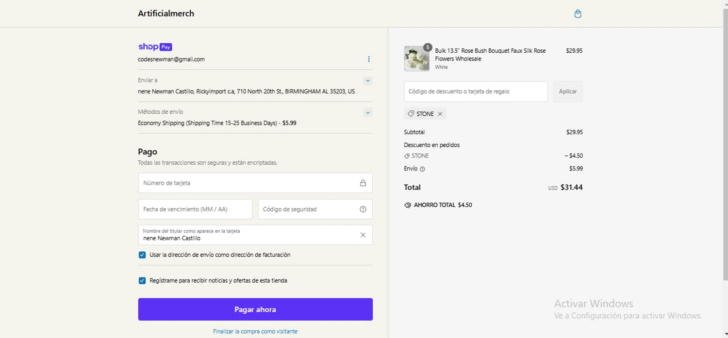 Artificial Merch discount code screenshot showing code STONE applied at Artificial Merch checkout page. Uploaded by SimplyCodes community member larenacida on Feb 6, 2025