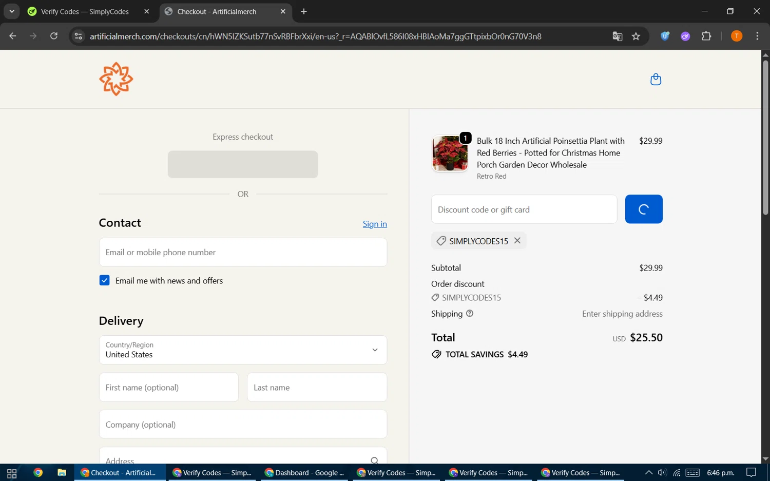 Artificial Merch discount code screenshot showing code SIMPLYCODES15 applied at Artificial Merch checkout page. Uploaded by SimplyCodes community member EpicHero3141 on Nov 14, 2025