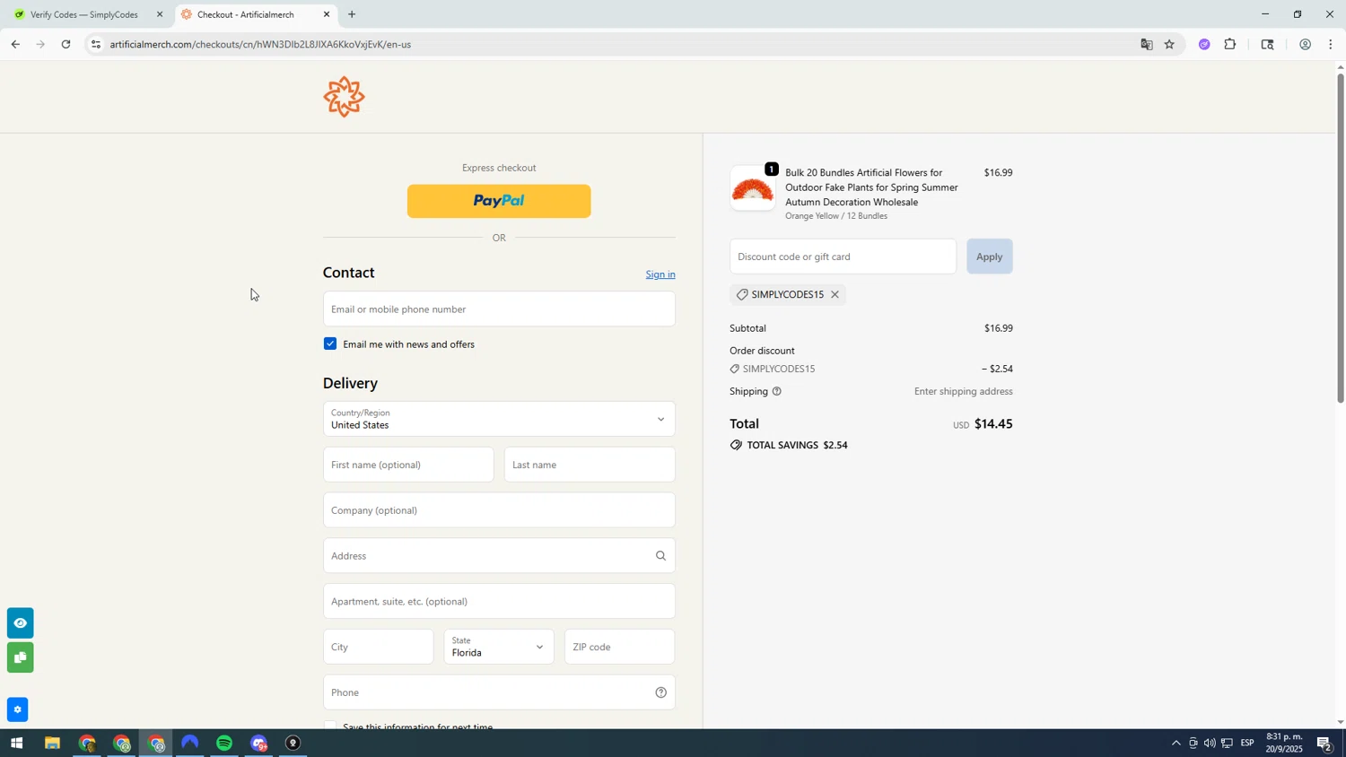Artificial Merch discount code screenshot showing code SIMPLYCODES15 applied at Artificial Merch checkout page. Uploaded by SimplyCodes community member asdasdasd on Sep 21, 2025