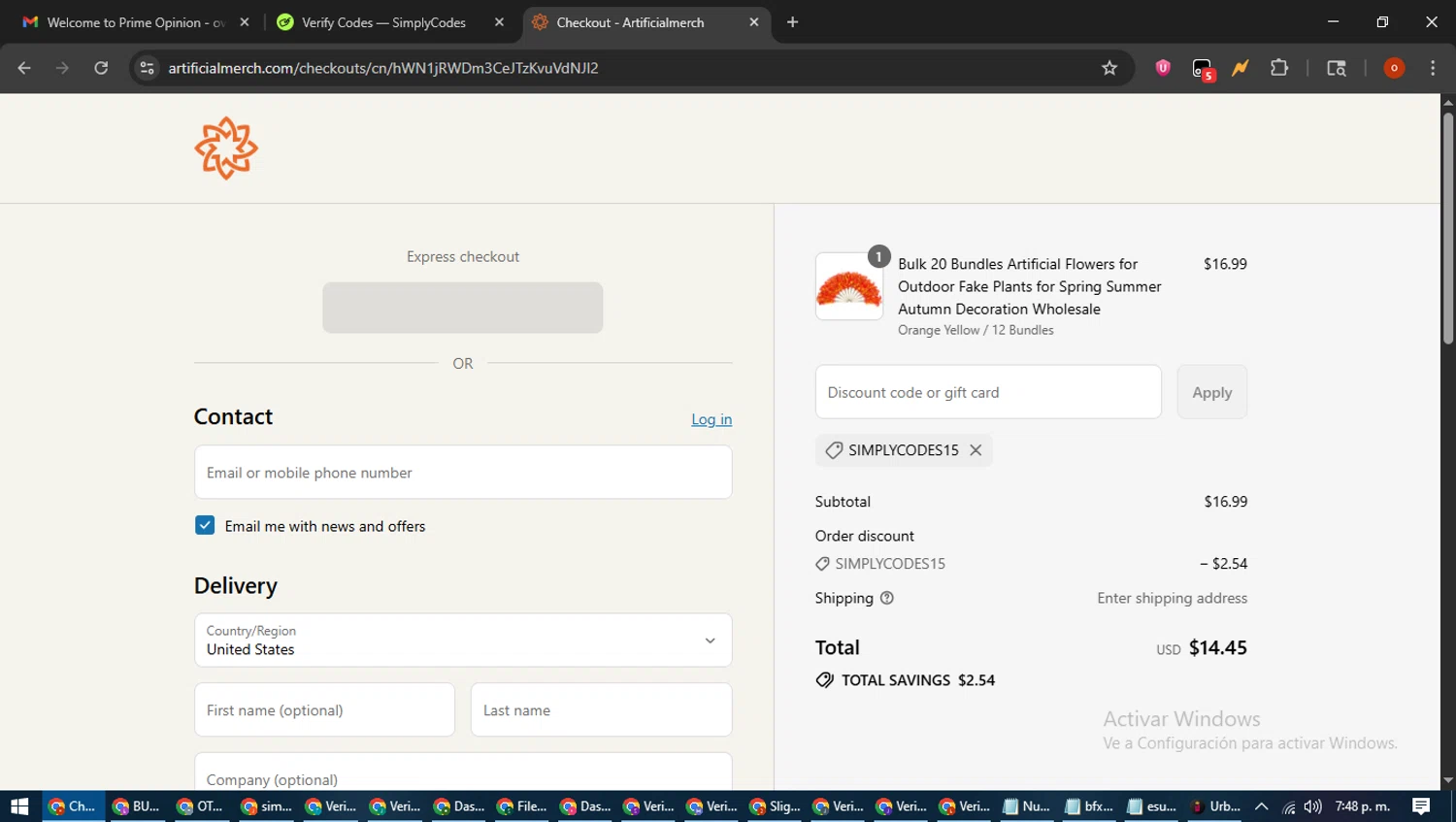 Artificial Merch discount code screenshot showing code SIMPLYCODES15 applied at Artificial Merch checkout page. Uploaded by SimplyCodes community member WiseTracker2171 on Aug 12, 2025