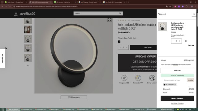 Artika checkout page showing Artika discount code box | Screenshot taken by SimplyCodes community member on Aug 31, 2025