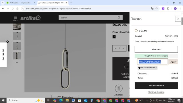 Artika checkout page showing Artika discount code box | Screenshot taken by SimplyCodes community member on Sep 4, 2025