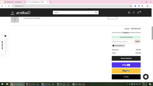 Artika checkout page showing Artika discount code box | Screenshot taken by SimplyCodes community member on Sep 5, 2025
