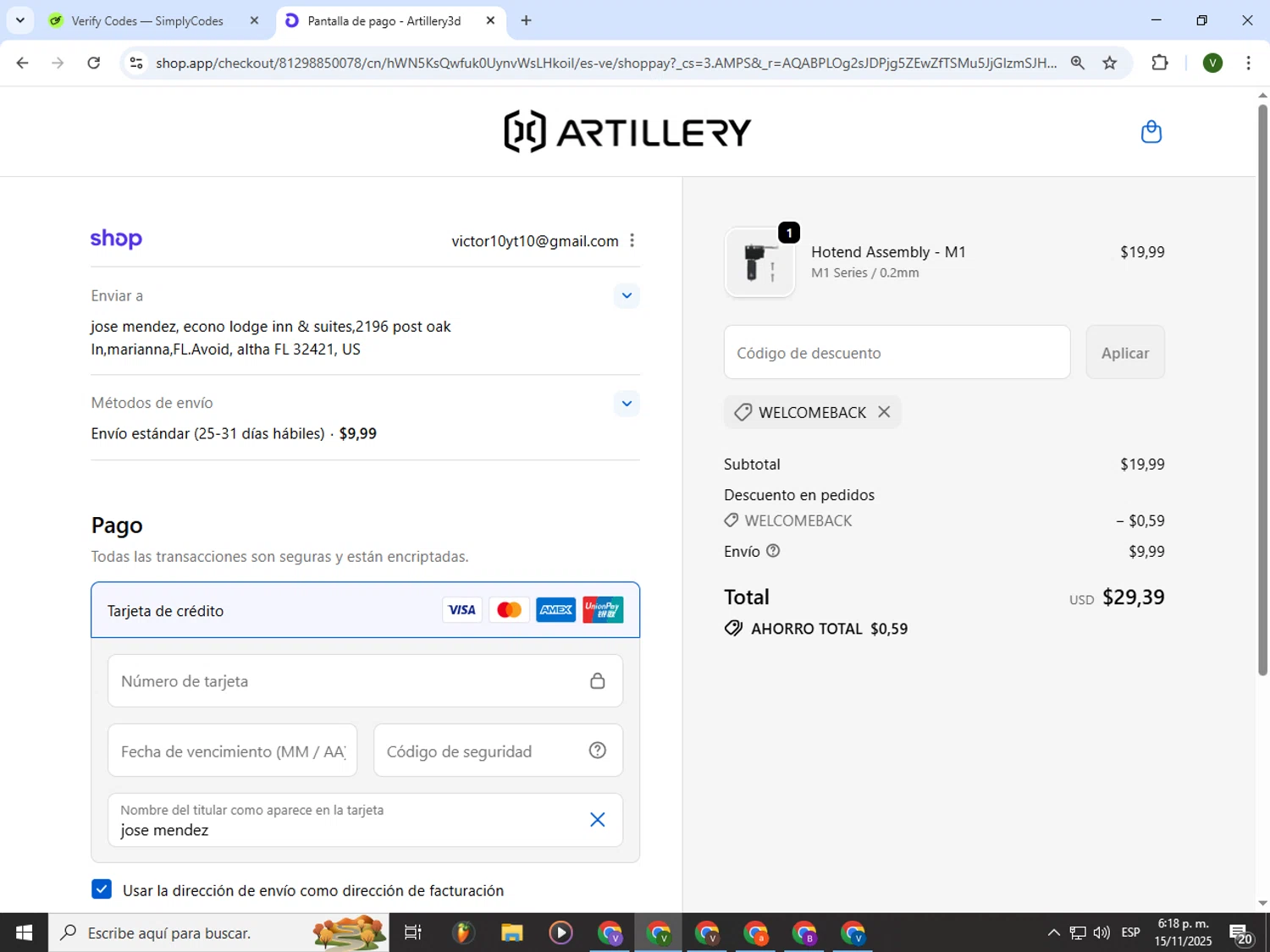 Artillery3d promo code screenshot showing code WELCOMEBACK applied at Artillery3d checkout page. Uploaded by SimplyCodes community member PrimeWizard4168 on Nov 15, 2025