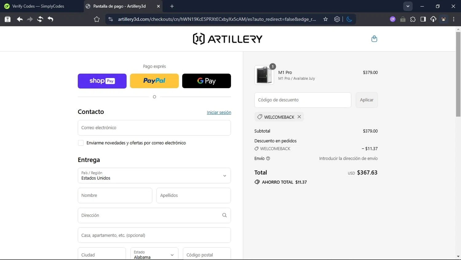 Artillery3d promo code screenshot showing code WELCOMEBACK applied at Artillery3d checkout page. Uploaded by SimplyCodes community member User_Randon1 on Jul 28, 2025