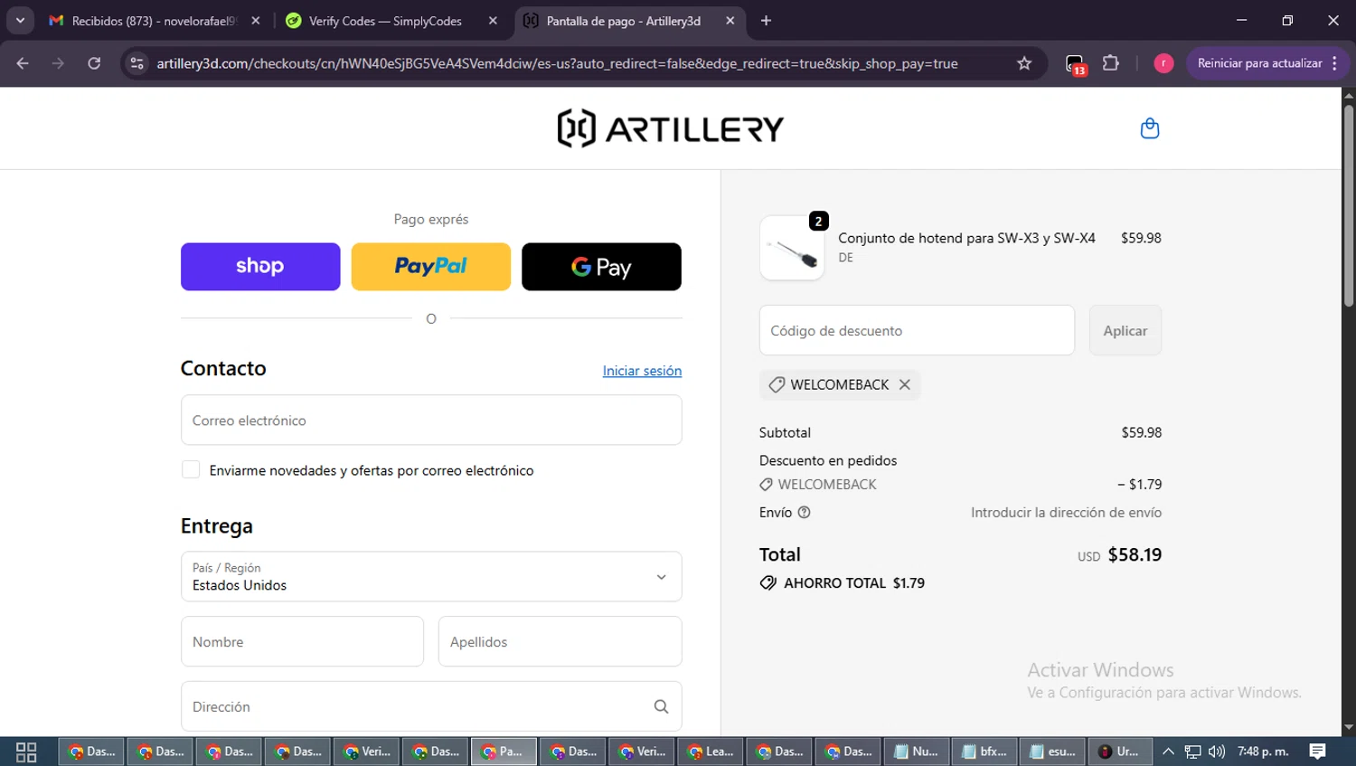 Artillery3d promo code screenshot showing code WELCOMEBACK applied at Artillery3d checkout page. Uploaded by SimplyCodes community member WisePro3739 on Oct 11, 2025