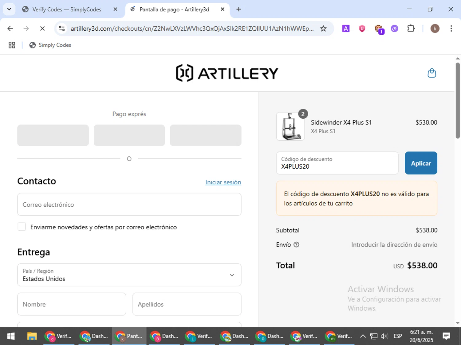 Artillery3d promo code screenshot showing code X4PLUS20 applied at Artillery3d checkout page. Uploaded by SimplyCodes community member RewardRanger298 on Jun 20, 2025