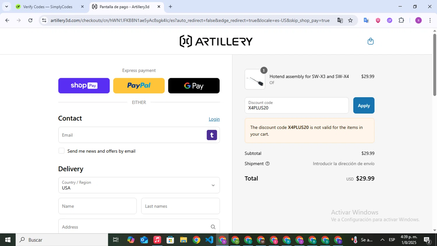 Artillery3d promo code screenshot showing code X4PLUS20 applied at Artillery3d checkout page. Uploaded by SimplyCodes community member WonderPioneer5062 on Aug 1, 2025