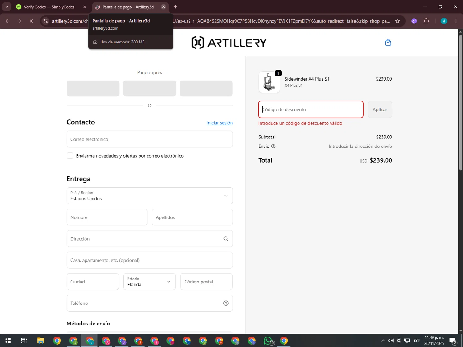 Artillery3d promo code screenshot showing code M1BLACK50 applied at Artillery3d checkout page. Uploaded by SimplyCodes community member GloriousTiger3507 on Dec 1, 2025