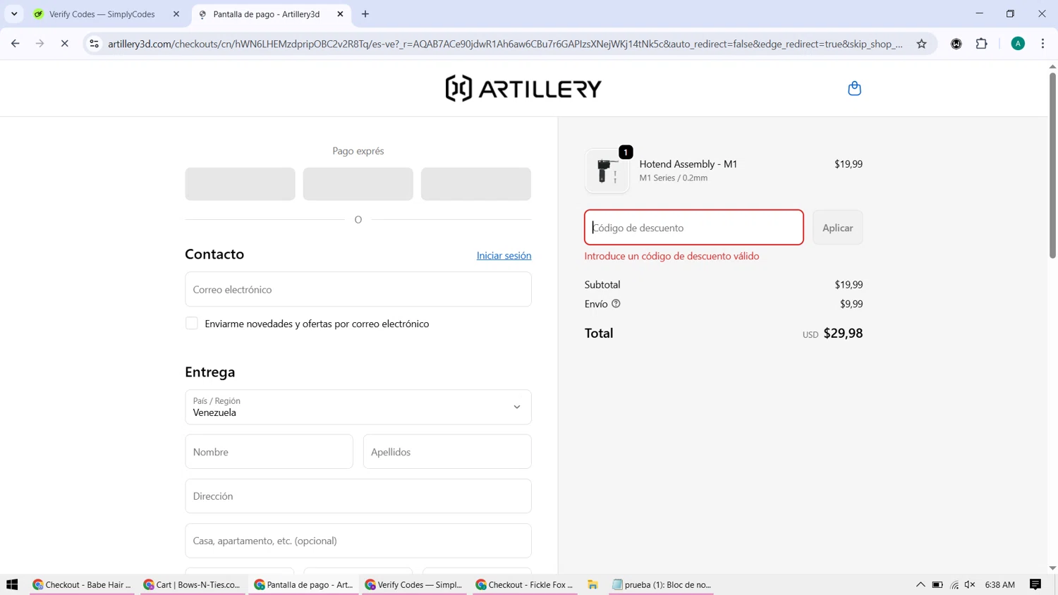 Artillery3d promo code screenshot showing code M1CYBER50 applied at Artillery3d checkout page. Uploaded by SimplyCodes community member ShieldHunter3846 on Dec 12, 2025