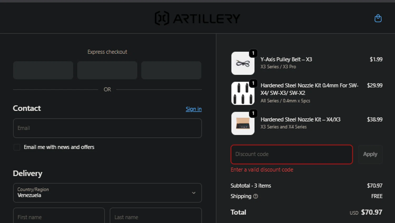 Artillery3d promo code screenshot showing code M1CYBER50 applied at Artillery3d checkout page. Uploaded by SimplyCodes community member idkxxx on Dec 12, 2025