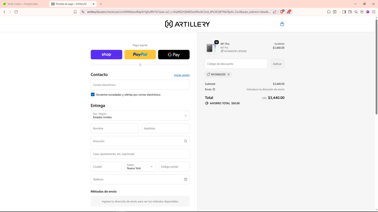 Artillery3d promo code screenshot showing code M1XMAS50 applied at Artillery3d checkout page. Uploaded by SimplyCodes community member MoneyMaverick9441 on Dec 29, 2025
