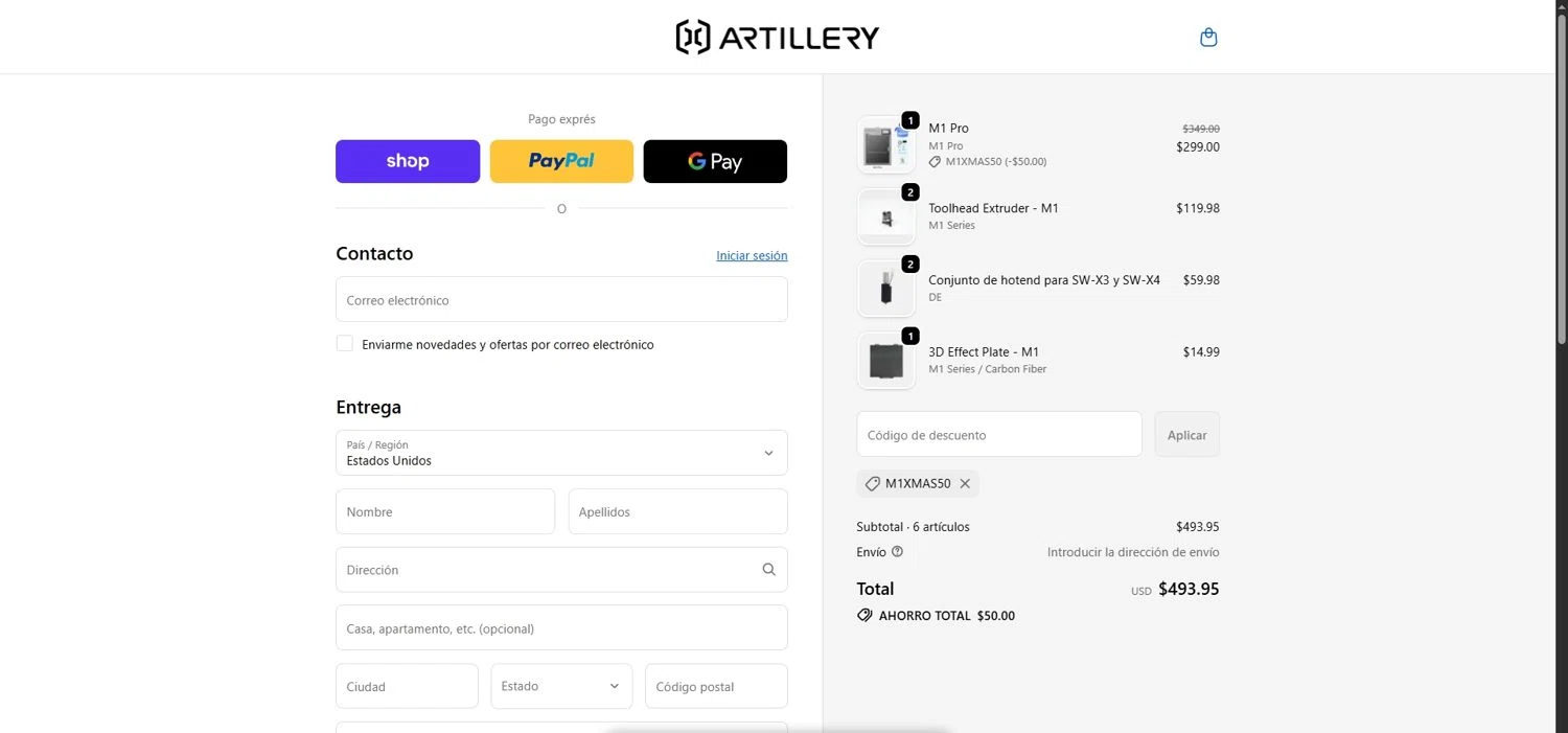 Artillery3d promo code screenshot showing code M1XMAS50 applied at Artillery3d checkout page. Uploaded by SimplyCodes community member Depressive on Dec 13, 2025