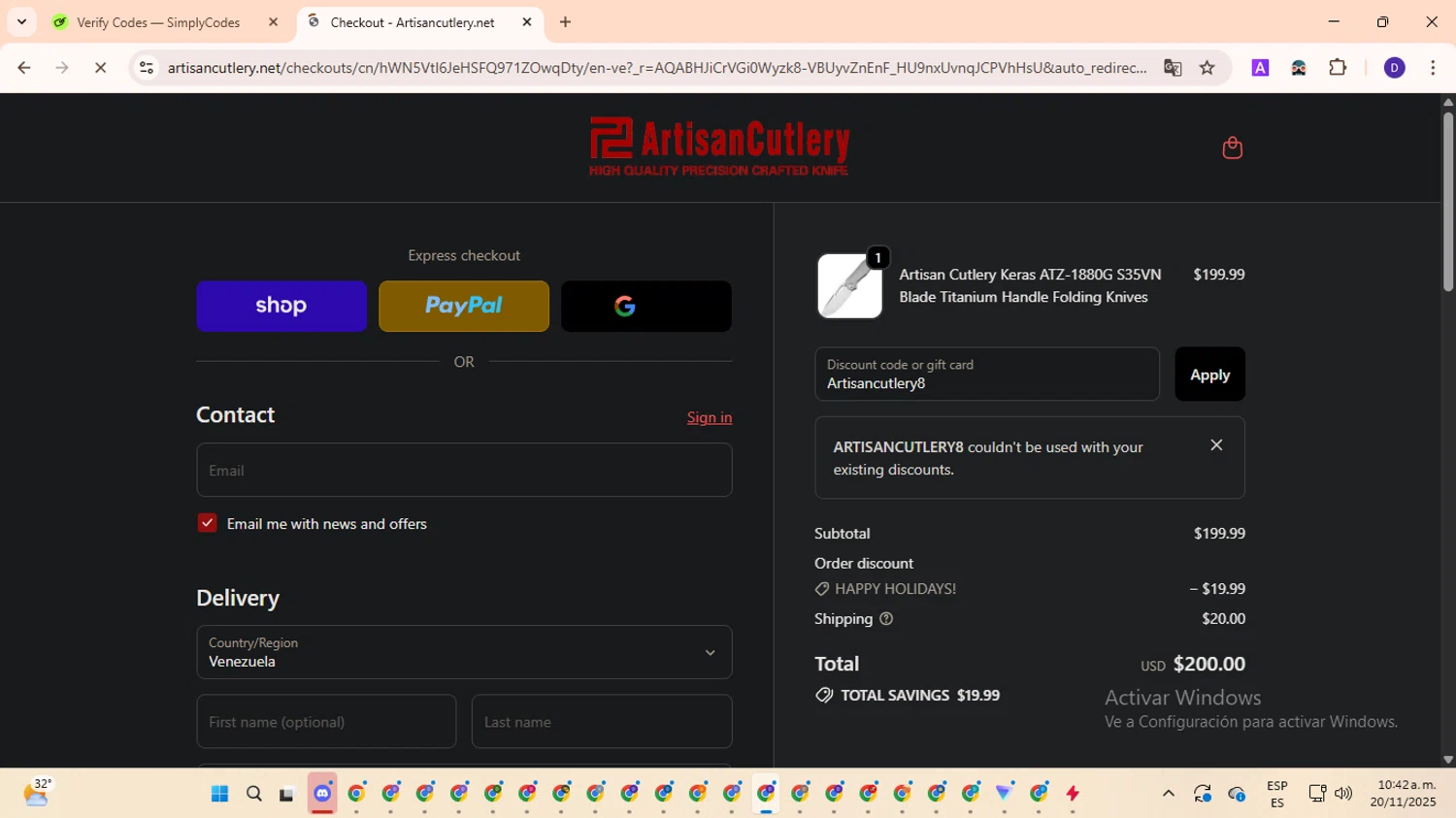 Artisan Cutlery coupon code screenshot showing code Artisancutlery8 applied at Artisan Cutlery checkout page. Uploaded by SimplyCodes community member PromoLion4240 on Nov 20, 2025