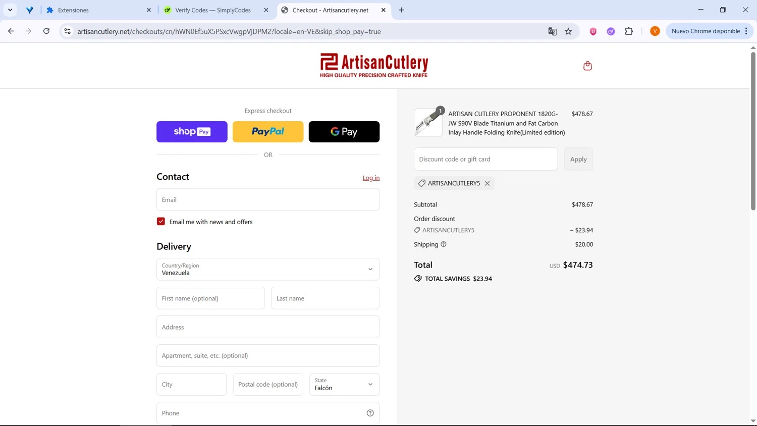 Artisan Cutlery coupon code screenshot showing code ARTISANCUTLERY5 applied at Artisan Cutlery checkout page. Uploaded by SimplyCodes community member BrilliantLion4485 on Jul 4, 2025