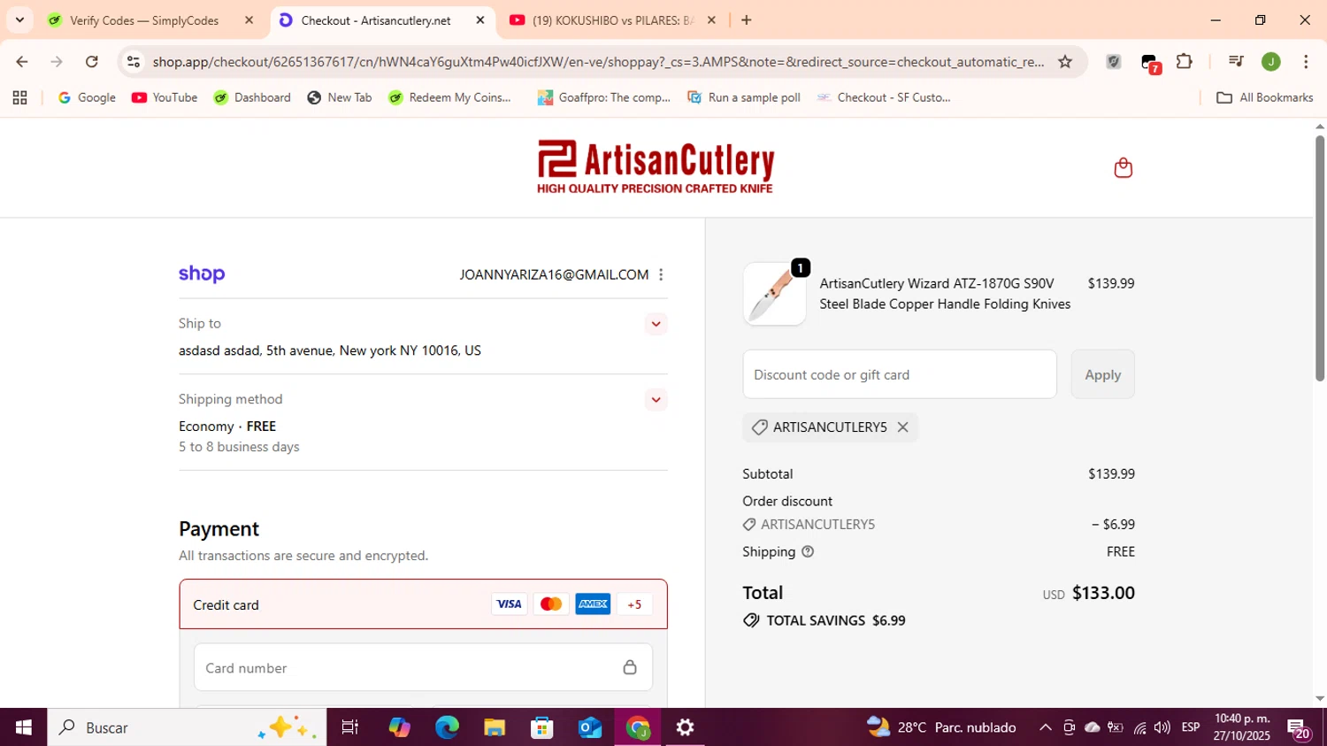 Artisan Cutlery coupon code screenshot showing code ARTISANCUTLERY5 applied at Artisan Cutlery checkout page. Uploaded by SimplyCodes community member Sukuna_ on Oct 28, 2025