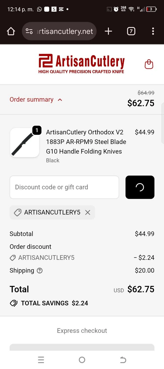 Artisan Cutlery coupon code screenshot showing code ARTISANCUTLERY5 applied at Artisan Cutlery checkout page. Uploaded by SimplyCodes community member kellymoreno on Oct 7, 2025