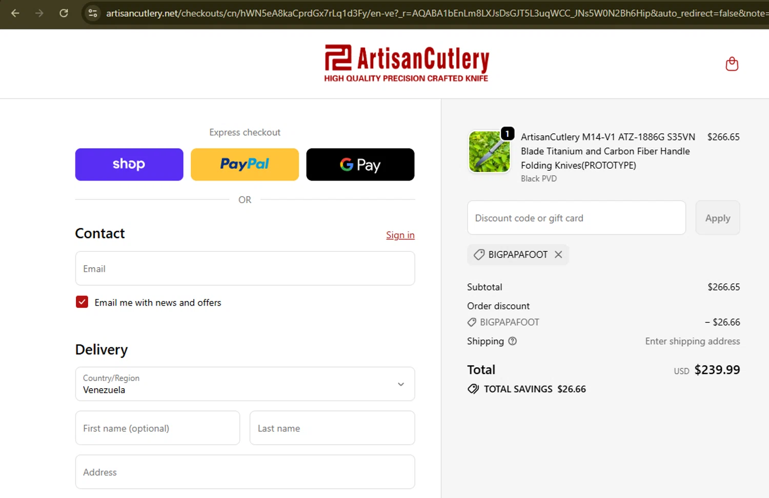 Artisan Cutlery coupon code screenshot showing code BigPapaFoot applied at Artisan Cutlery checkout page. Uploaded by SimplyCodes community member Samugl21 on Nov 24, 2025