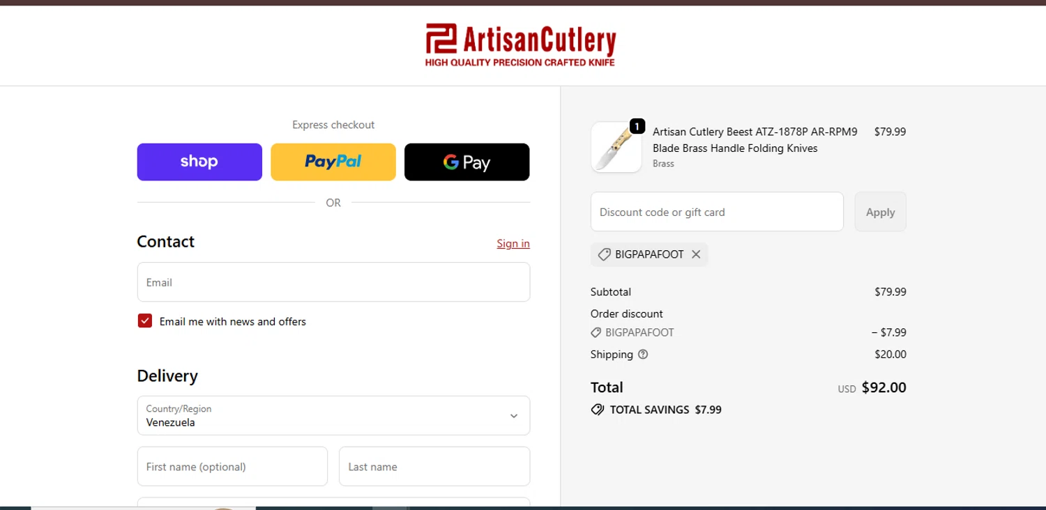 Artisan Cutlery coupon code screenshot showing code BigPapaFoot applied at Artisan Cutlery checkout page. Uploaded by SimplyCodes community member juanisaac on Nov 24, 2025