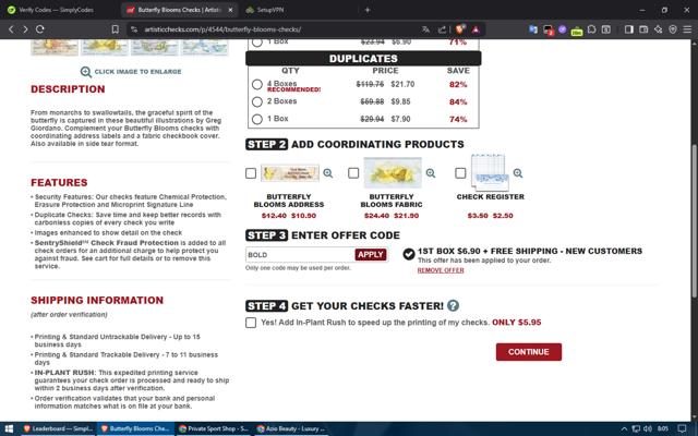 Artistic Checks checkout page showing Artistic Checks coupon code box | Screenshot taken by SimplyCodes community member on Jul 21, 2025