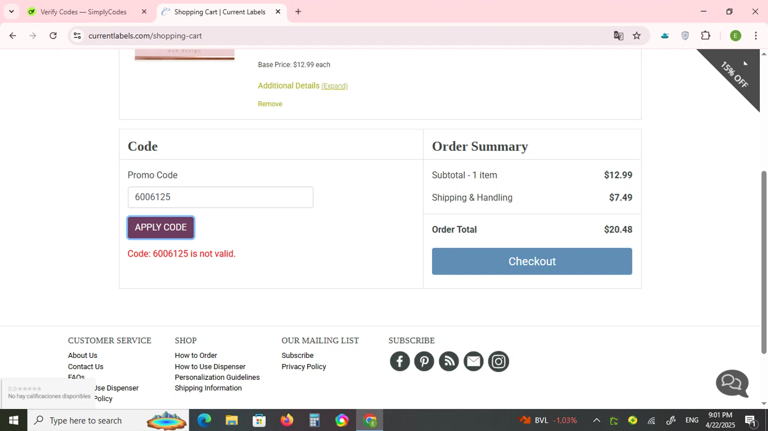 Artistic Labels promo code screenshot showing code 6006125 applied at Artistic Labels checkout page. Uploaded by SimplyCodes community member SilverOwl7580 on Apr 23, 2025