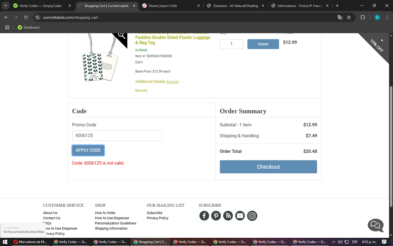 Artistic Labels promo code screenshot showing code 6006125 applied at Artistic Labels checkout page. Uploaded by SimplyCodes community member MightyFox1680 on Apr 23, 2025