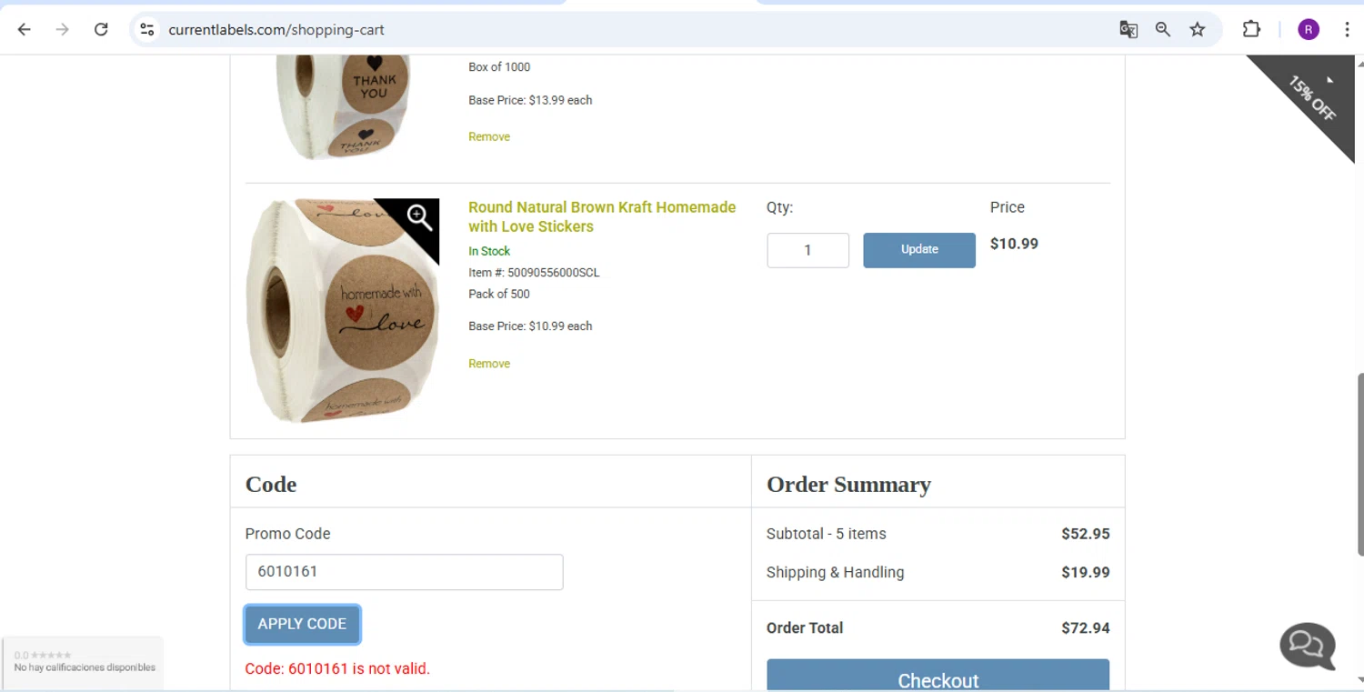 Artistic Labels promo code screenshot showing code 6010161 applied at Artistic Labels checkout page. Uploaded by SimplyCodes community member rapc3030 on Apr 23, 2025