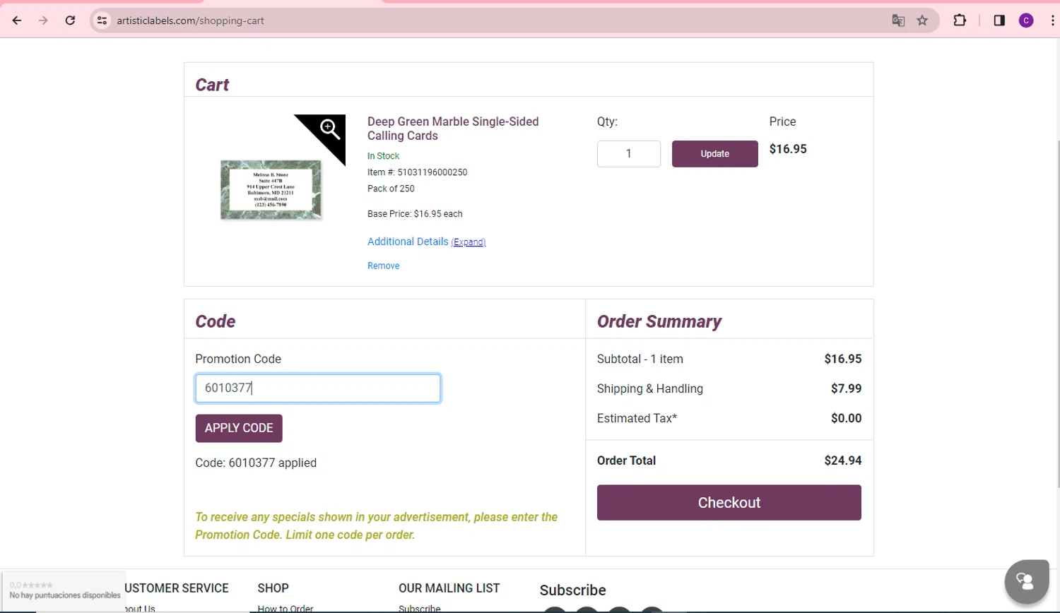 Artistic Labels checkout page showing Artistic Labels promo code box | Screenshot taken by SimplyCodes community member on Jan 16, 2024