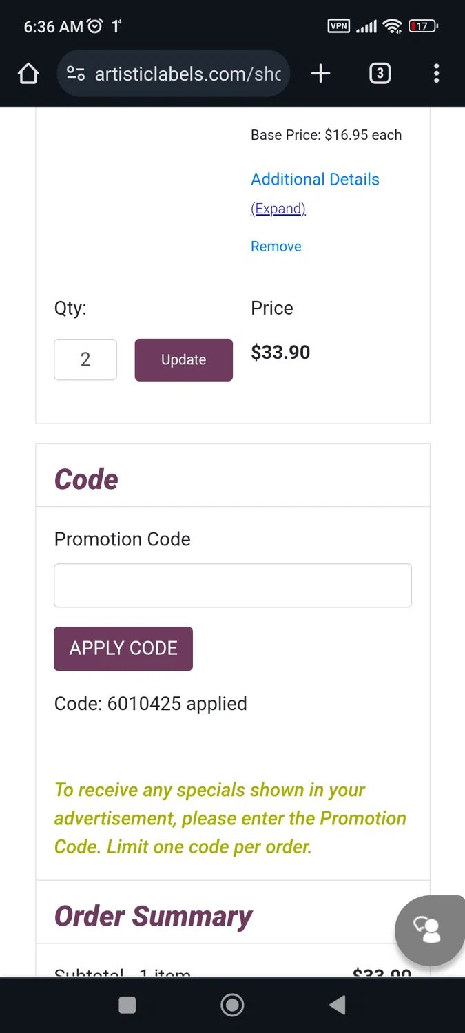Artistic Labels checkout page showing Artistic Labels promo code box | Screenshot taken by SimplyCodes community member on Jan 20, 2024