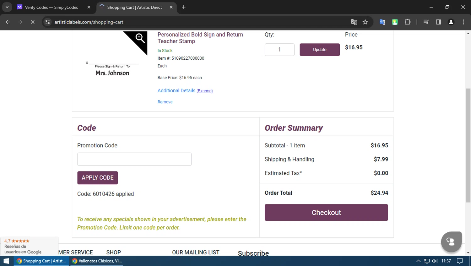 Artistic Labels checkout page showing Artistic Labels promo code box | Screenshot taken by SimplyCodes community member on Jan 30, 2024