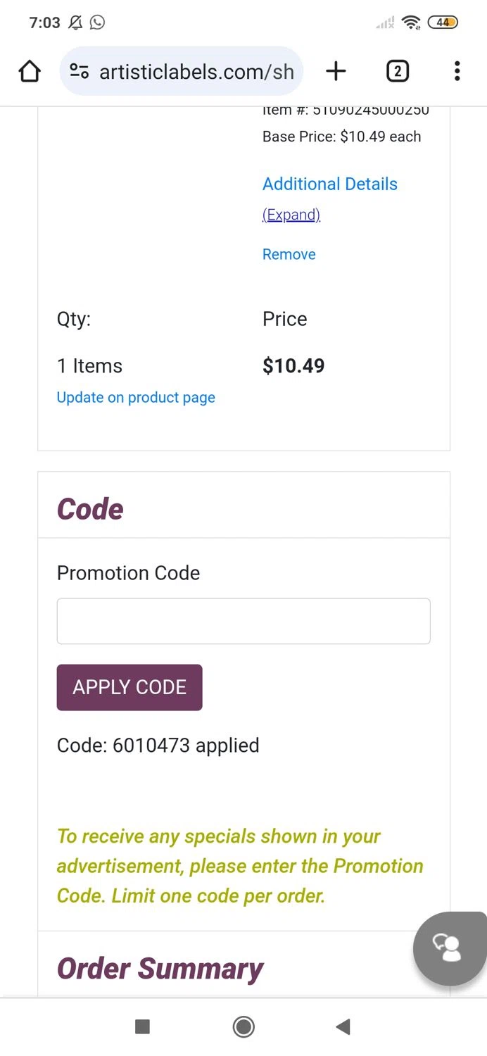 Artistic Labels checkout page showing Artistic Labels promo code box | Screenshot taken by SimplyCodes community member on Jan 16, 2024