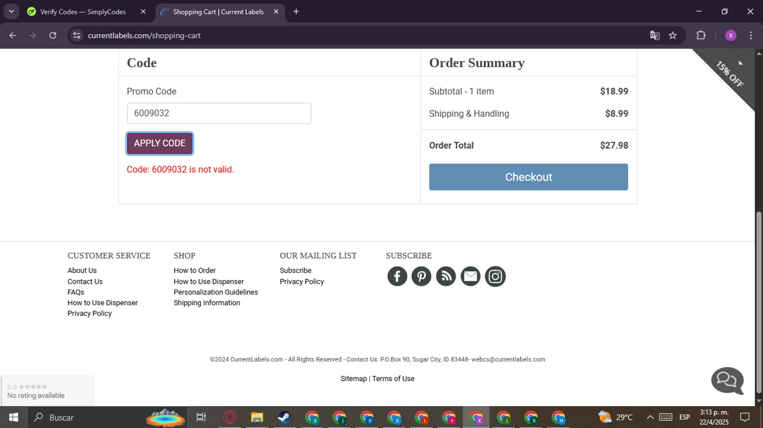Artistic Labels promo code screenshot showing code 6009032 applied at Artistic Labels checkout page. Uploaded by SimplyCodes community member CashChaser8387 on Apr 22, 2025