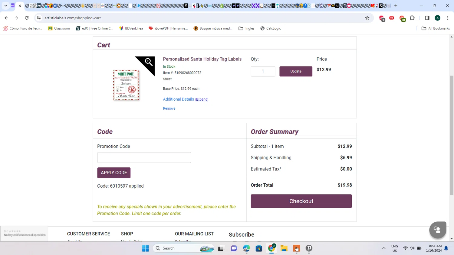 Artistic Labels checkout page showing Artistic Labels promo code box | Screenshot taken by SimplyCodes community member on Jan 16, 2024