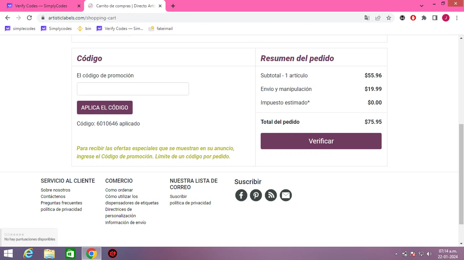 Artistic Labels checkout page showing Artistic Labels promo code box | Screenshot taken by SimplyCodes community member on Jan 22, 2024
