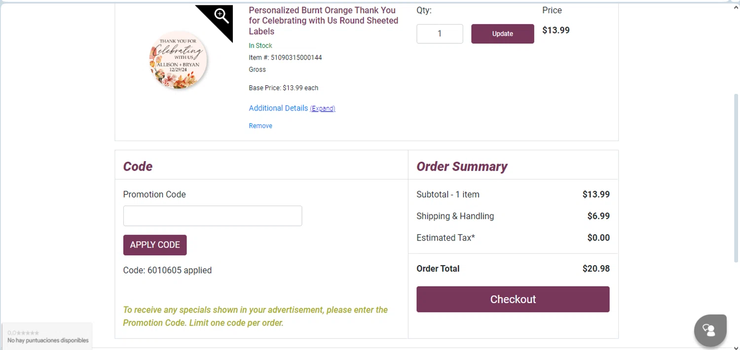 Artistic Labels checkout page showing Artistic Labels promo code box | Screenshot taken by SimplyCodes community member on Jan 19, 2024