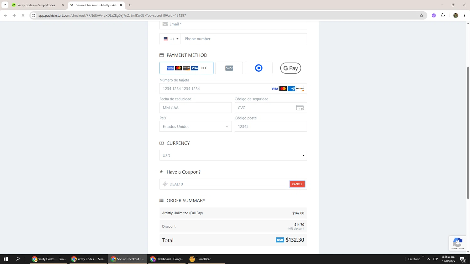 Artistly coupon code screenshot showing code DEAL10 applied at Artistly checkout page. Uploaded by SimplyCodes community member Phoenix585 on Aug 17, 2025