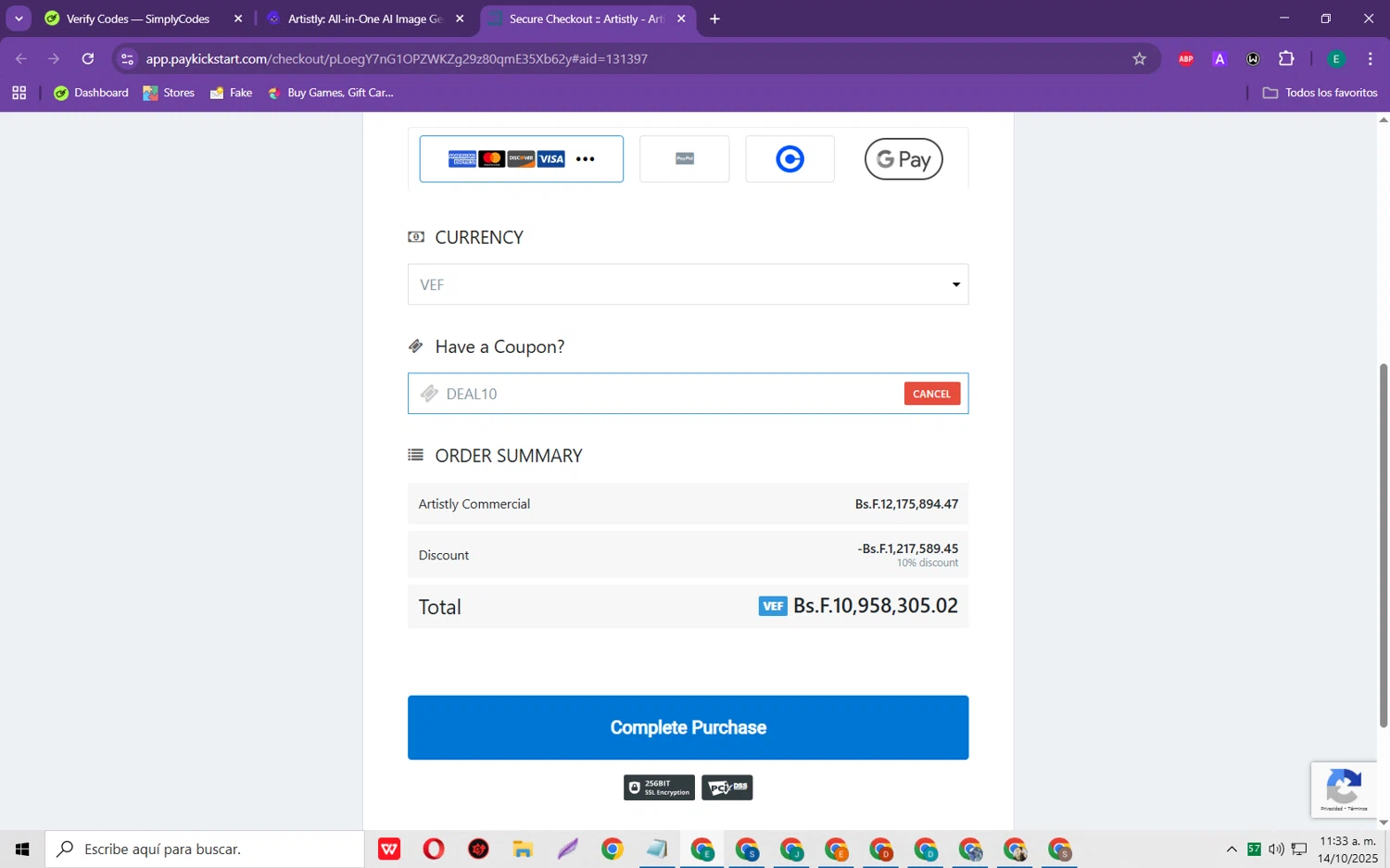 Artistly coupon code screenshot showing code DEAL10 applied at Artistly checkout page. Uploaded by SimplyCodes community member RebateScholar429 on Oct 14, 2025